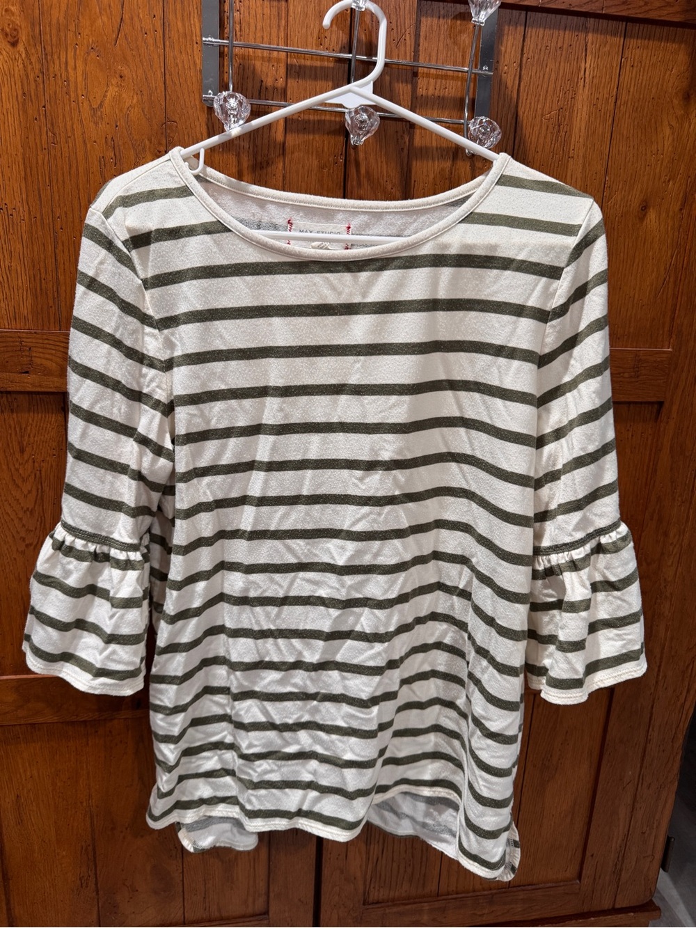 Max Studio White and Olive Stripe Ruffle-Sleeve Tunic